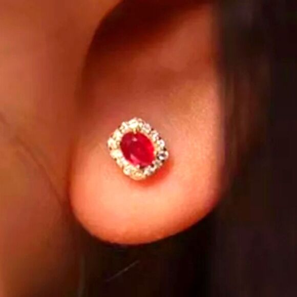 Red & White Baguette Diamond Earrings 14K Gold on 925 Silver - Picture 4 of 11